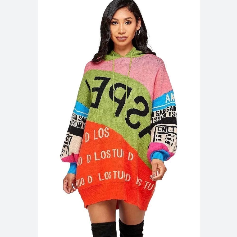 Queen Colorful Hooded Sweater Dress - Picture 2 of 6
